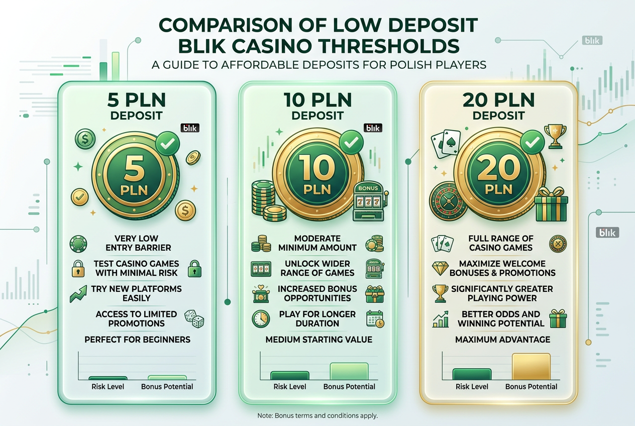 Porównanie niskich limitów depozytu BLIK w kasynach online 5, 10 i 20 PLN