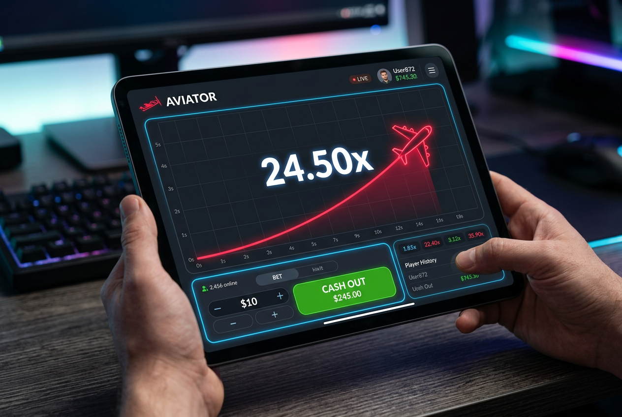 Modern minimalist interface of a crash gambling game called Aviator with a red plane ascending and multipliers in dark mode UI.