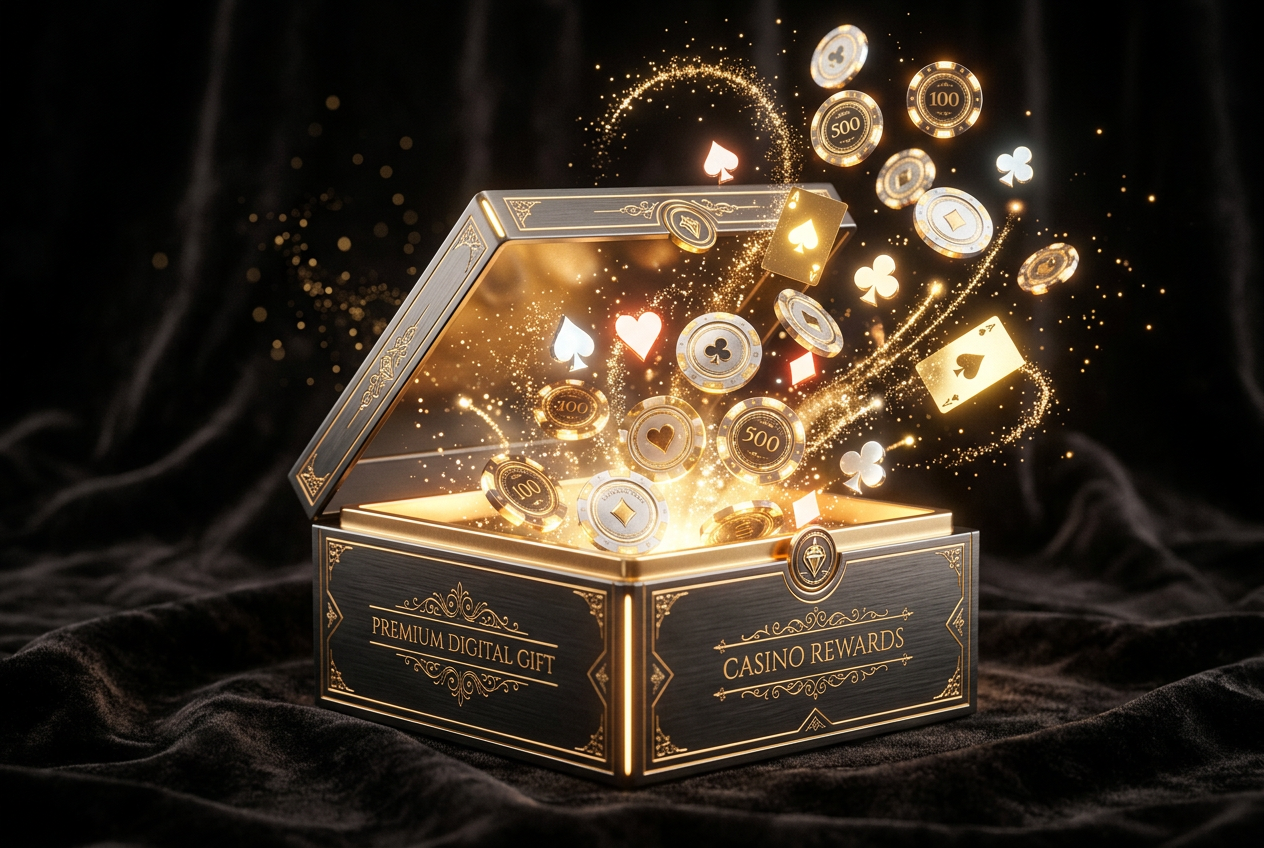 Close up of a luxury digital gift box releasing gold coins and casino chips symbols with elegant dark blue and gold graphics.