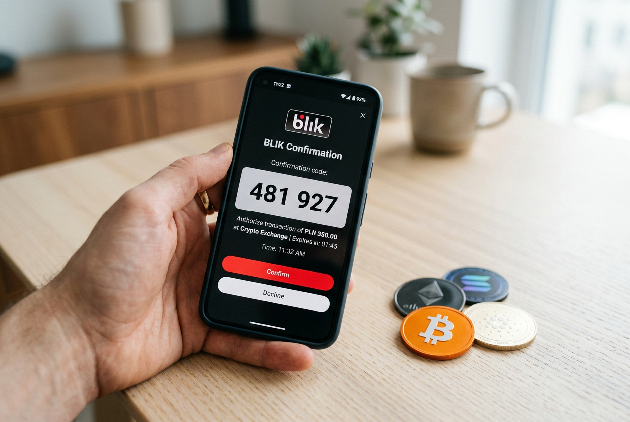 Smartfon z kodem BLIK oraz logotypy kryptowalut jako nowoczesne metody płatności