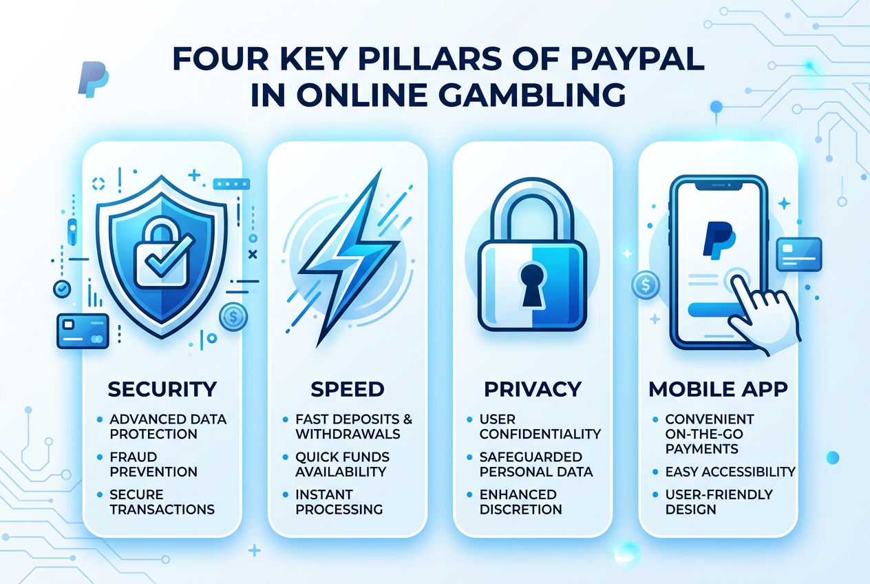 Infografika przedstawiająca zalety PayPal w kasynie: bezpieczeństwo, szybkość i prywatność