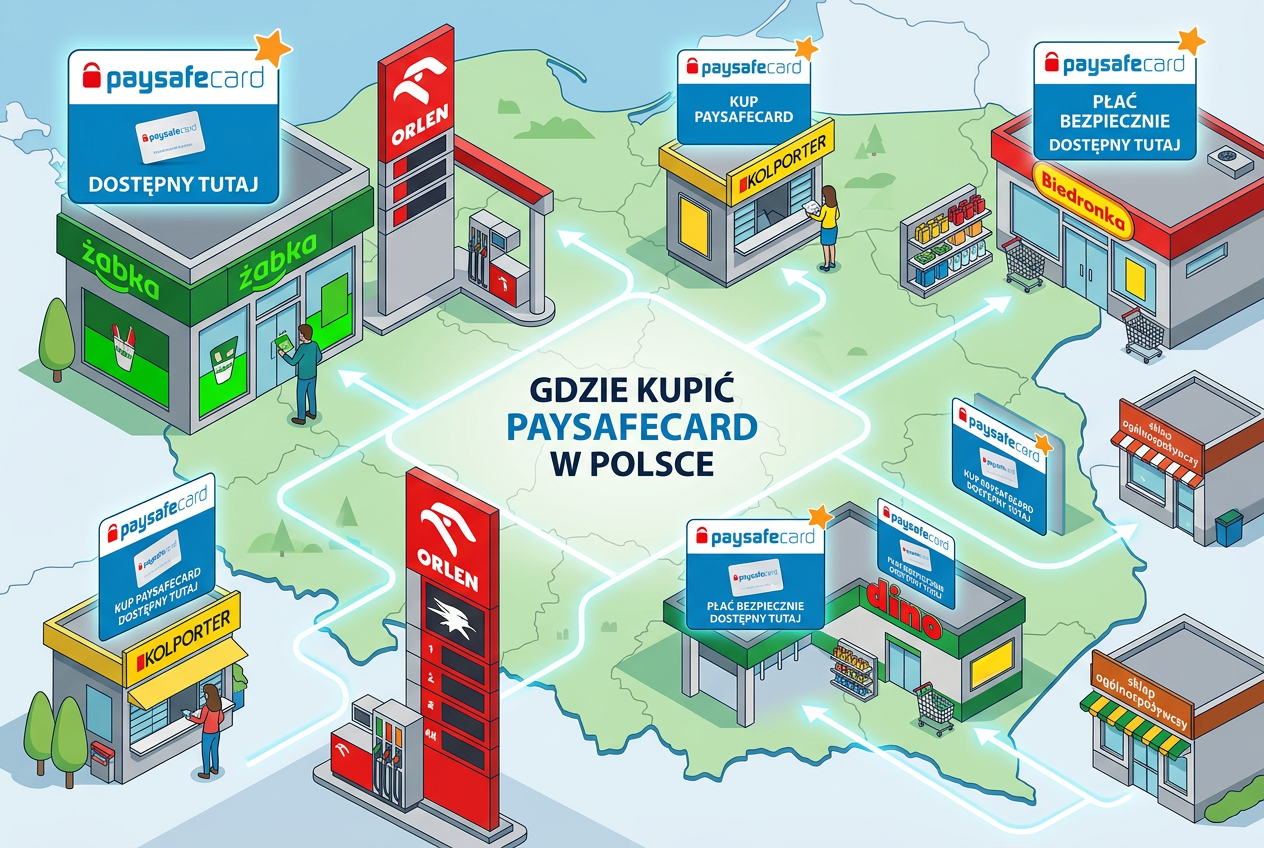 Mapa lub ilustracja przedstawiająca logotypy sklepów w Polsce sprzedających Paysafecard