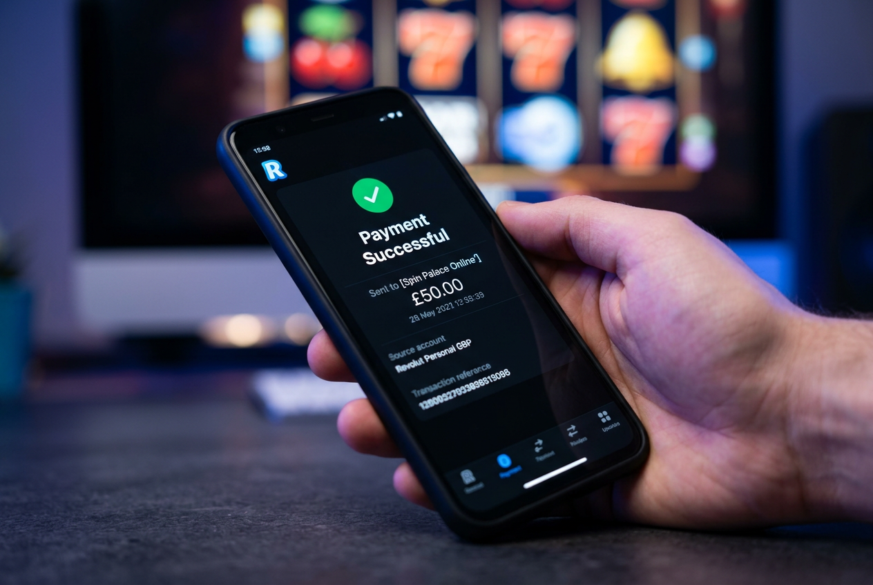 Smartfon z aplikacją Revolut wyświetlający powiadomienie o udanym depozycie w kasynie online